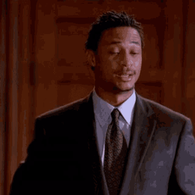 a man in a suit and tie is standing in front of a wooden wall .