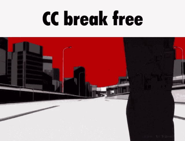 a picture of a city with the words " cc break free " on it