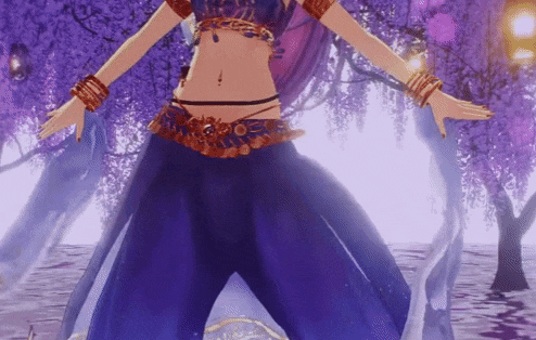 a woman in a blue dress is dancing in front of purple flowers .