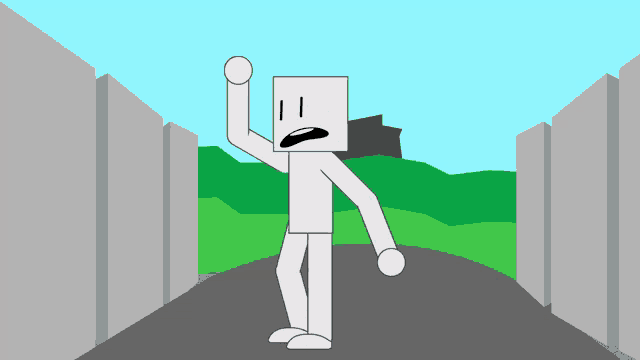 a cartoon drawing of a person with a box on his head