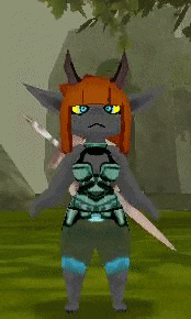 a cartoon character with orange hair and horns is standing in the grass