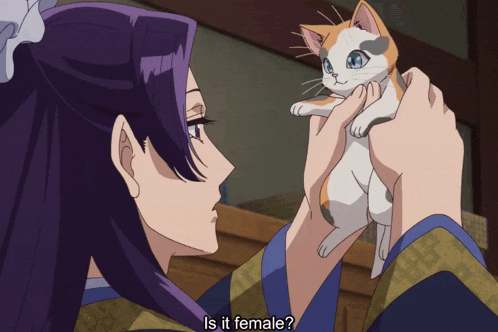 a woman with purple hair is holding a cat and asking if it 's female
