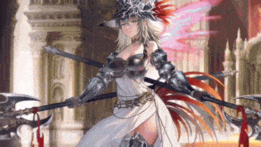a woman in armor is holding a spear and a spear in her hands .