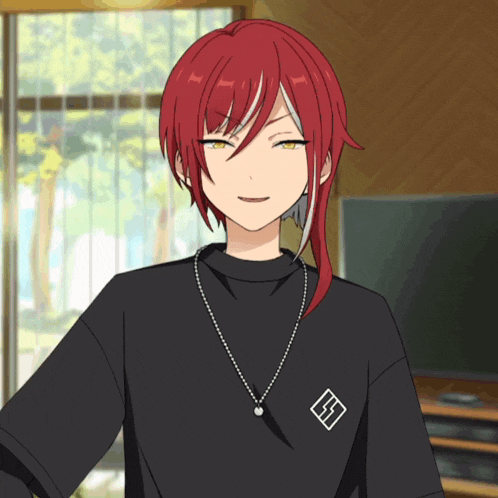 a cartoon character with red hair and a necklace that says e3