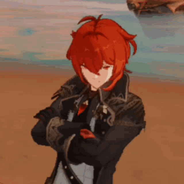 a man with red hair is standing with his arms crossed in front of a ship .
