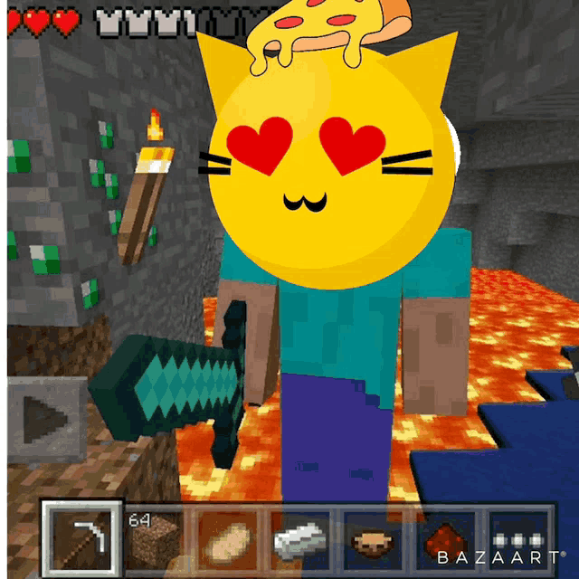 a screenshot of a minecraft game with a yellow cat with hearts in his eyes