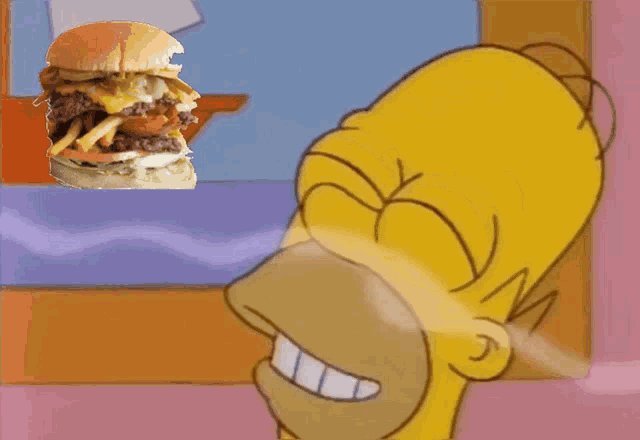 homer simpson is looking up at a hamburger