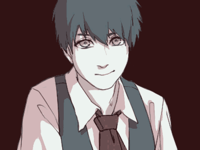 a drawing of a boy with blue hair wearing a vest and tie