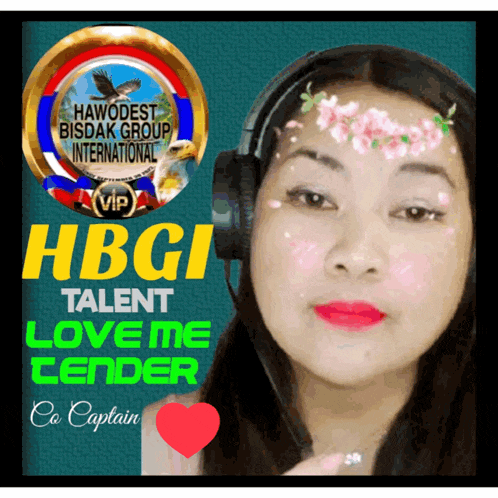 a woman wearing headphones with flowers on her forehead is on a poster that says hbgi talent love me center co captain