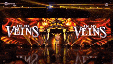 a wrestler is walking on a stage in front of a large screen that says " in my veins "