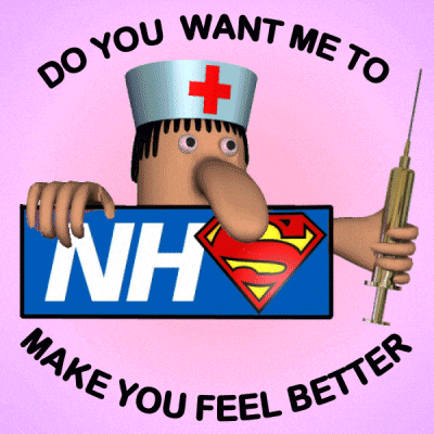 a cartoon of a nurse holding a sign that says nhs on it