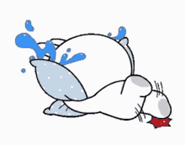 a cartoon drawing of a duck laying on its back with tears coming out of it 's eyes .