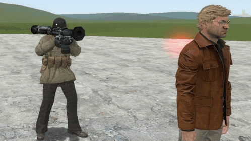 a man in a brown jacket is standing next to a man holding a gun