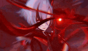a close up of a person 's face with a red background and a red light coming out of their eyes .