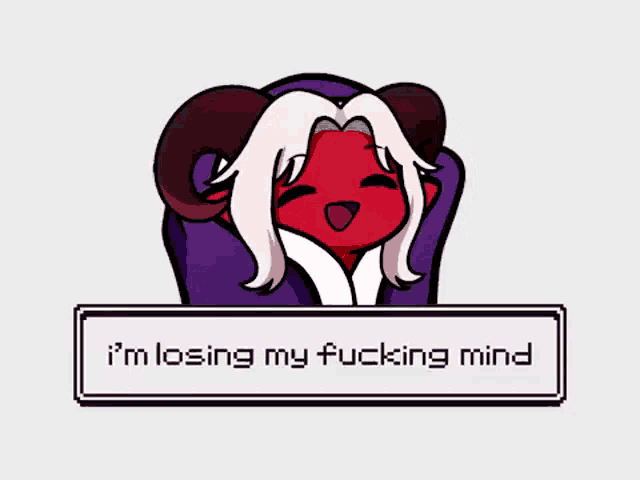 a pixel art drawing of a red monster with white hair and horns says i 'm losing my fucking mind