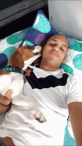 a man is laying on a bed with a dog on his chest