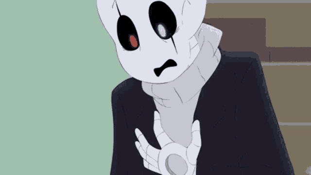 a cartoon drawing of a skeleton with red eyes and blue eyes .