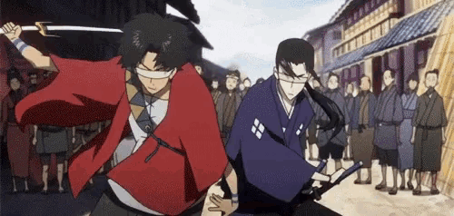 two anime characters are fighting each other with swords