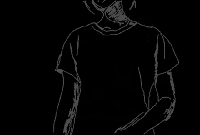 it is a black and white drawing of a person holding a skateboard .