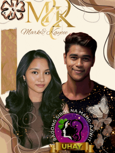 a man and a woman standing next to each other with the words mark & kaycee on the top