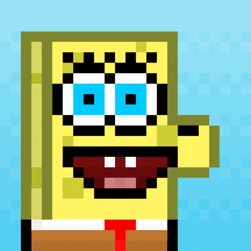 a pixel art drawing of spongebob with blue eyes