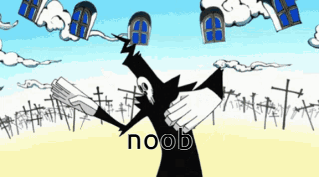 a cartoon of a man holding a book with the word noob below him