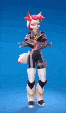 a furry character with red hair is holding a fish on a blue background
