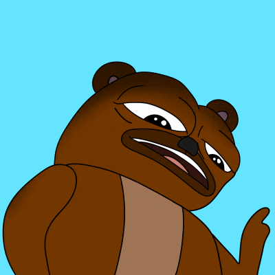 a cartoon of a brown bear with a blue sky in the background