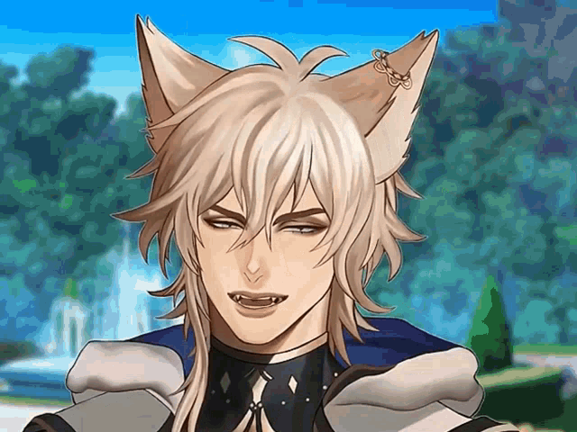a man with a cat ear on his head is making a face
