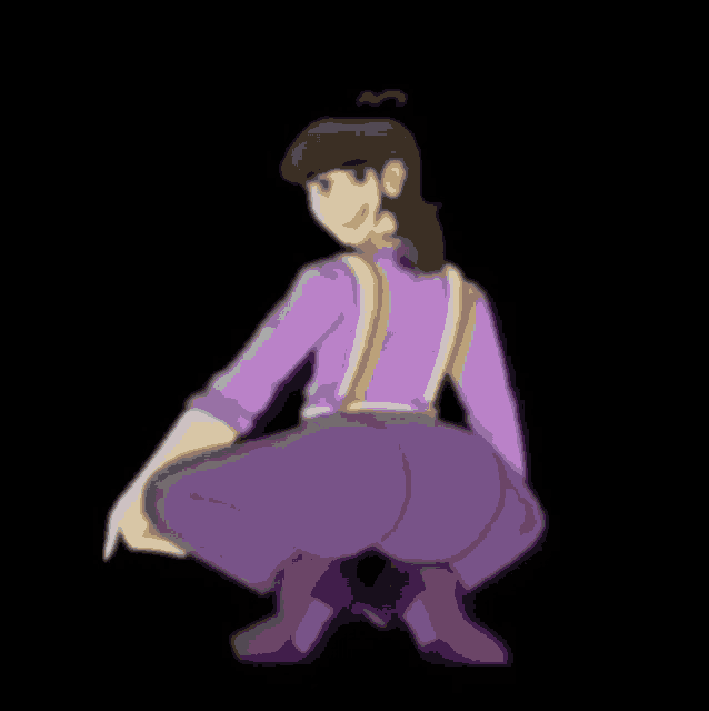a cartoon of a woman in a purple dress is surrounded by purple pieces