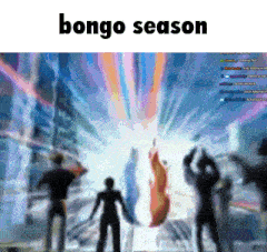 a group of people standing in front of a fire with the words bongo season on the bottom