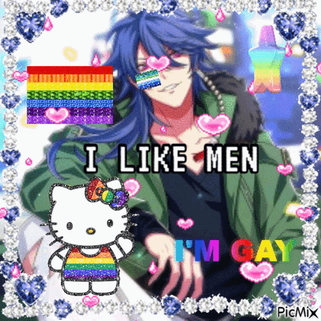 a picture of a hello kitty and a man that says i like men