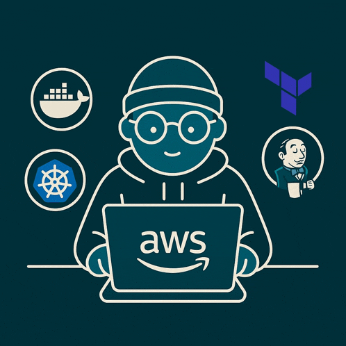 an illustration of a man using a laptop with aws written on it