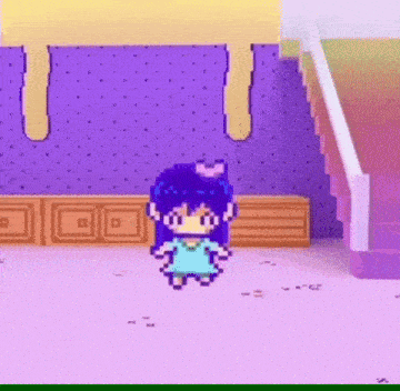 a pixel art girl is standing in a room next to a staircase .