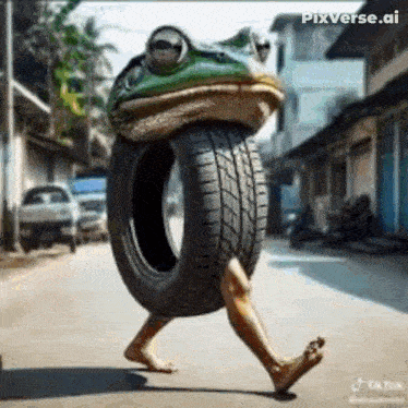 a frog is carrying a tire on its head .