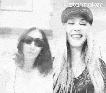 a woman wearing sunglasses and a hat is smiling in a starmaker photo