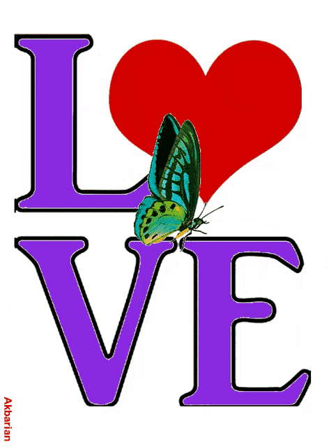 a butterfly sits on the word love with a red heart behind it