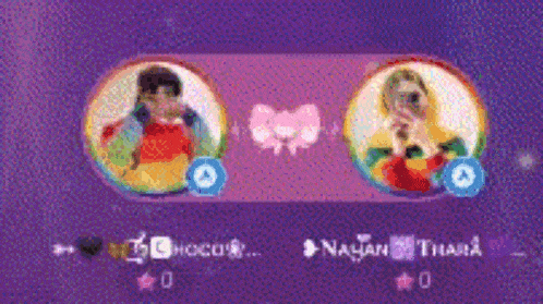 a purple background with two circles with images of a girl and a boy