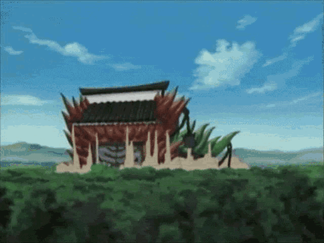 a painting of a house in the middle of a lush green field