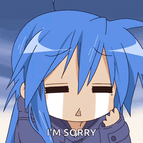 a cartoon girl with blue hair says i 'm sorry with tears running down her face
