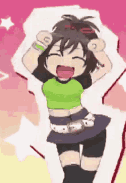 a girl in a green shirt and black skirt is dancing with her mouth open .