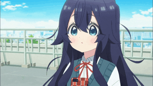 a girl with long black hair and blue eyes is standing on a balcony