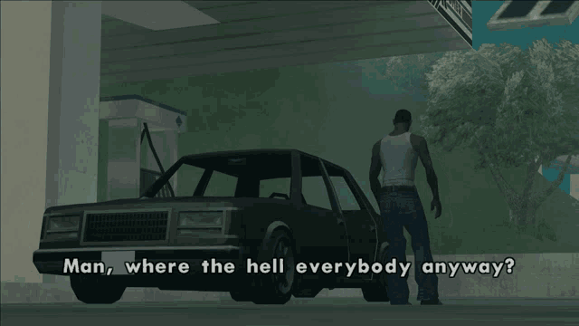 a man is standing next to a car and asking where the hell everybody anyway