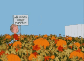 a cartoon character holding a welcome great pumpkin sign