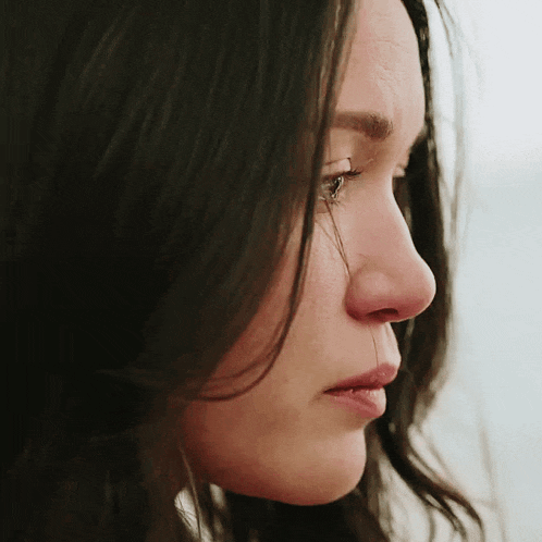 a close up of a woman 's face with long hair