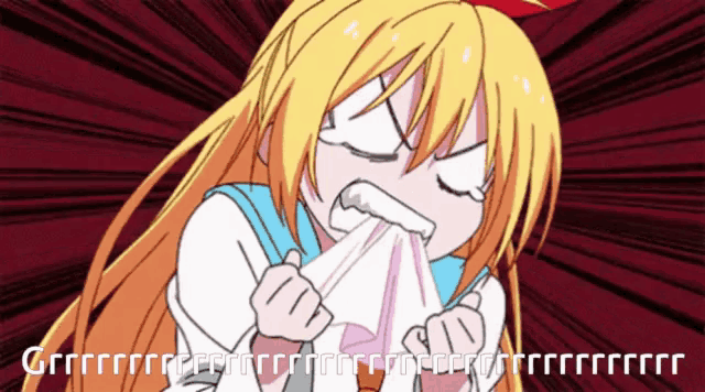 a cartoon of a girl blowing her nose with the words grrr written below her