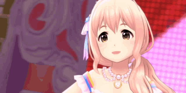a girl with long hair and a pearl necklace