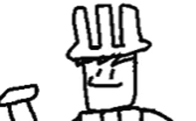 a black and white drawing of a cartoon character wearing a hat and giving a peace sign .