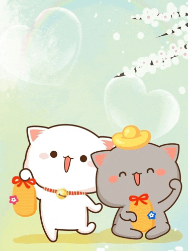 two cartoon cats are standing next to each other and one is holding a bag of money