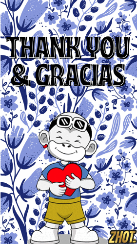 a cartoon of a boy holding a heart with the words thank you & gracias